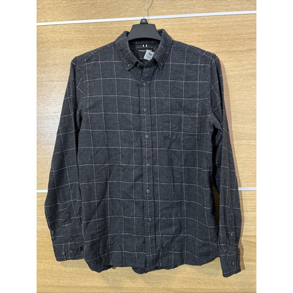 NEW Denim and Flower Plaid Flannel Shirt Men's L Gray/Maroon Long Sleeve
